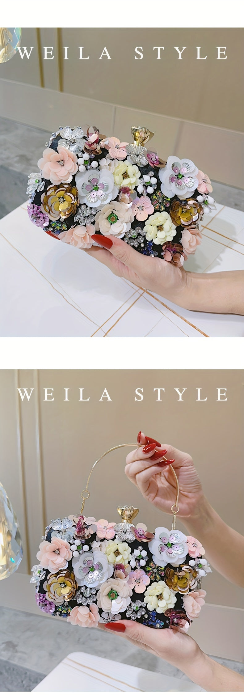 Elegant Floral Evening Clutch Bag with Beaded
