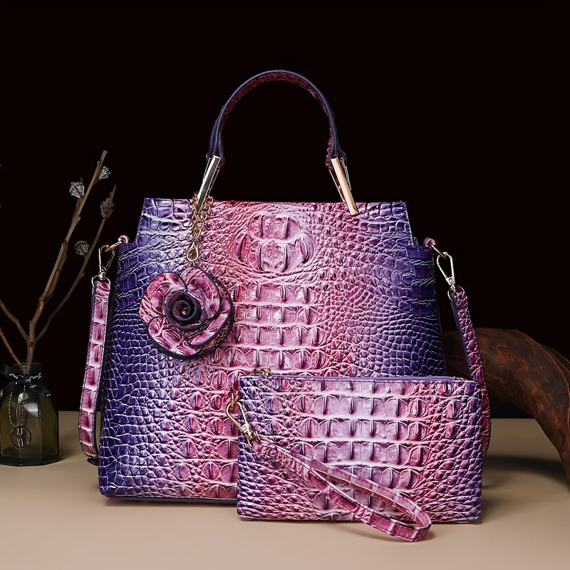 2pcs Women'S Crocodile Pattern Handbag Set, Faux Leather Tote, Clutch & Wallet, Animal Print, Zipper Closure, Polyester Lined, with Removable Strap, for Baigou Crafted