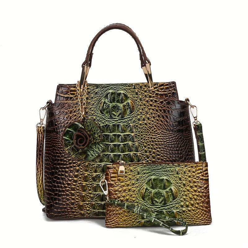 2pcs Women'S Crocodile Pattern Handbag Set, Faux Leather Tote, Clutch & Wallet, Animal Print, Zipper Closure, Polyester Lined, with Removable Strap, for Baigou Crafted
