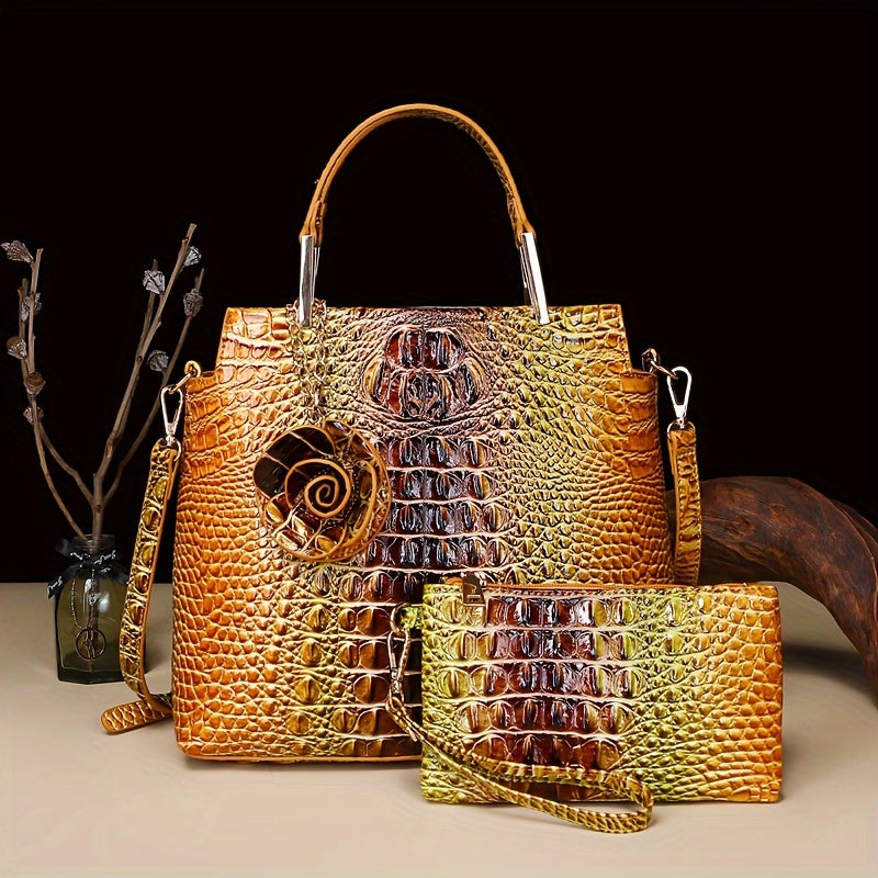 2pcs Women'S Crocodile Pattern Handbag Set, Faux Leather Tote, Clutch & Wallet, Animal Print, Zipper Closure, Polyester Lined, with Removable Strap, for Baigou Crafted