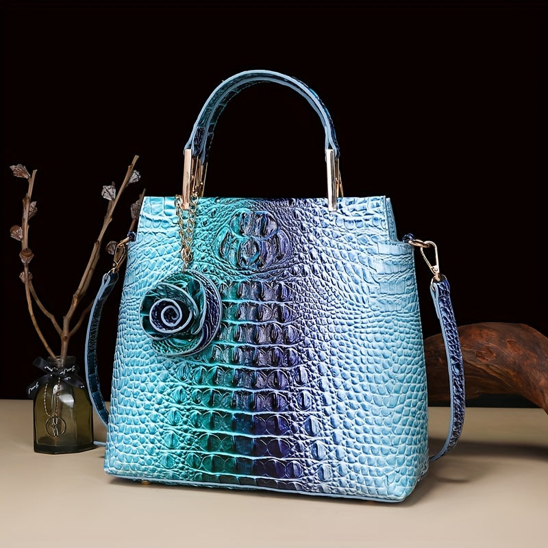 2pcs Women'S Crocodile Pattern Handbag Set, Faux Leather Tote, Clutch & Wallet, Animal Print, Zipper Closure, Polyester Lined, with Removable Strap, for Baigou Crafted