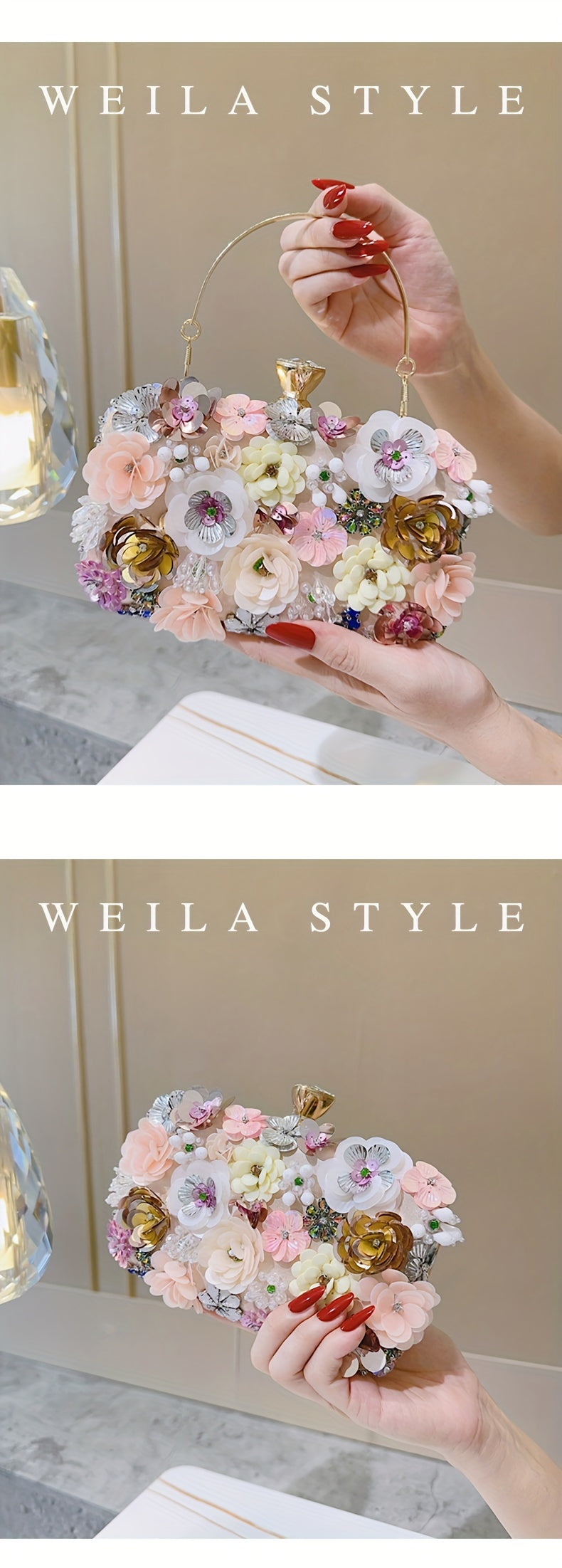 Elegant Floral Evening Clutch Bag with Beaded