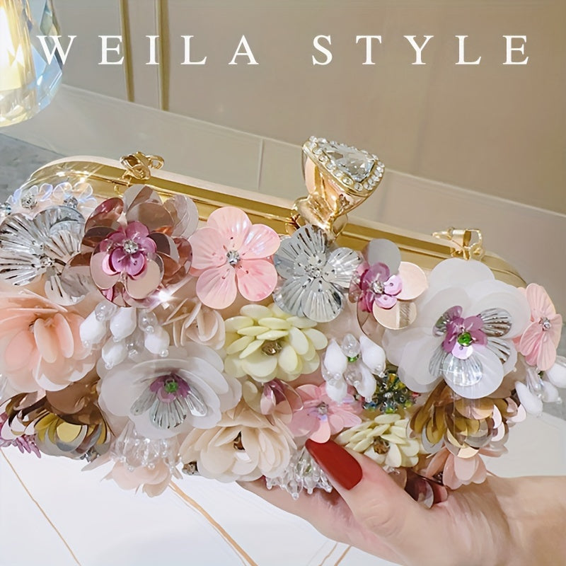 Elegant Floral Evening Clutch Bag with Beaded
