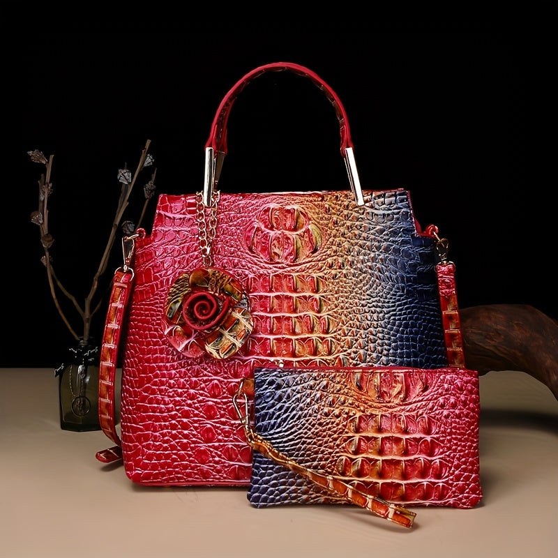 2pcs Women'S Crocodile Pattern Handbag Set, Faux Leather Tote, Clutch & Wallet, Animal Print, Zipper Closure, Polyester Lined, with Removable Strap, for Baigou Crafted