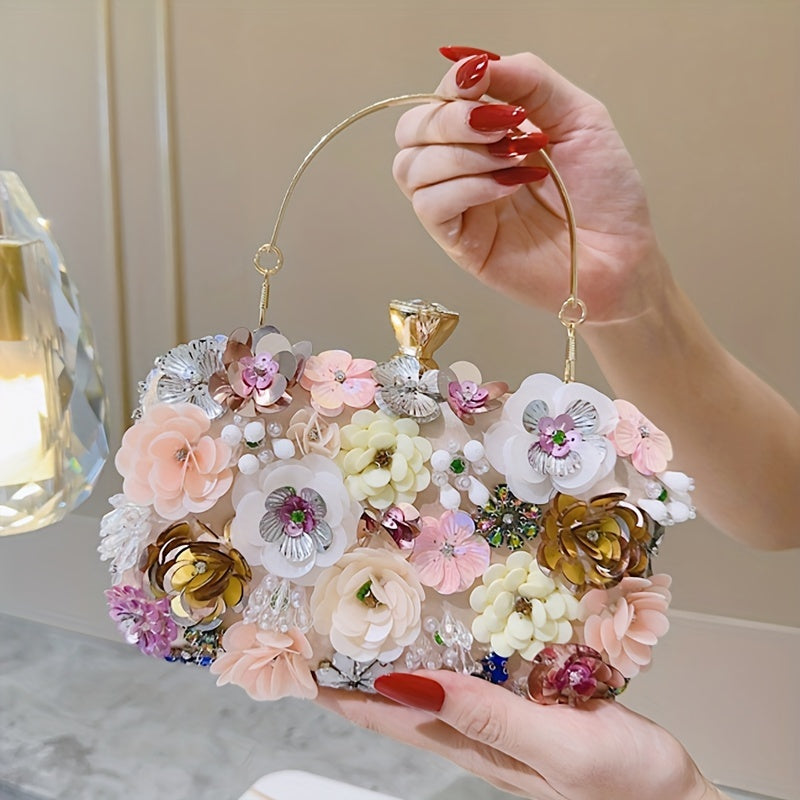 Elegant Floral Evening Clutch Bag with Beaded