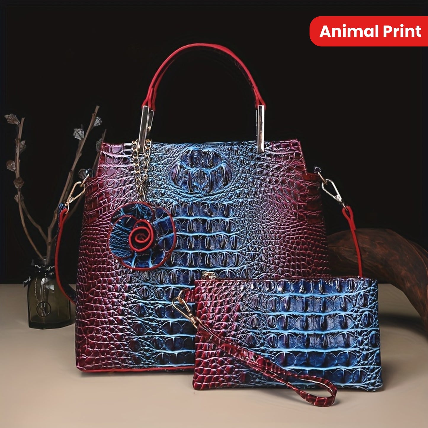 2pcs Women'S Crocodile Pattern Handbag Set, Faux Leather Tote, Clutch & Wallet, Animal Print, Zipper Closure, Polyester Lined, with Removable Strap, for Baigou Crafted