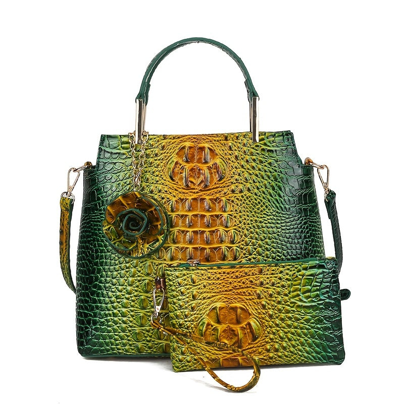 2pcs Women'S Crocodile Pattern Handbag Set, Faux Leather Tote, Clutch & Wallet, Animal Print, Zipper Closure, Polyester Lined, with Removable Strap, for Baigou Crafted