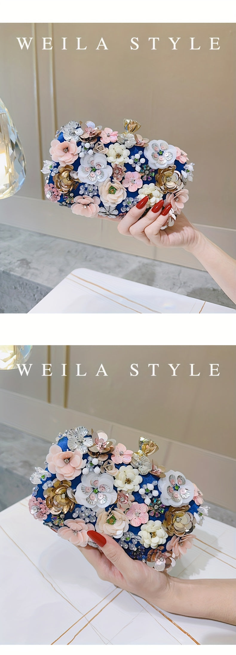 Elegant Floral Evening Clutch Bag with Beaded