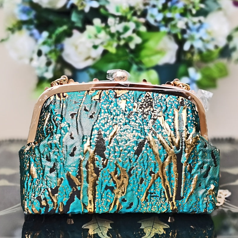 Elegant cyan and gold clutch bag