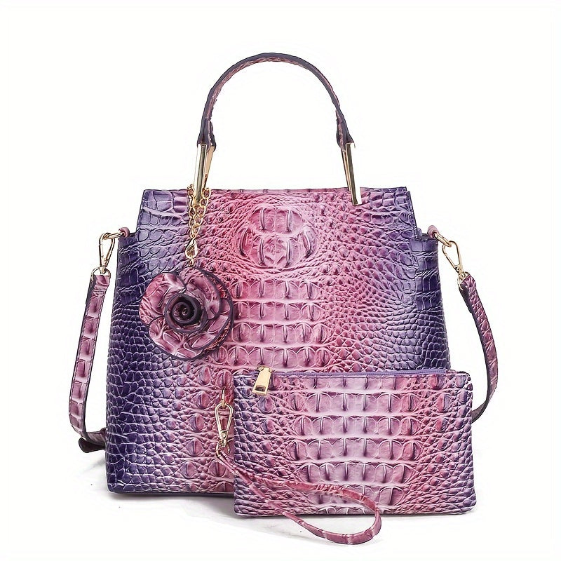 2pcs Women'S Crocodile Pattern Handbag Set, Faux Leather Tote, Clutch & Wallet, Animal Print, Zipper Closure, Polyester Lined, with Removable Strap, for Baigou Crafted