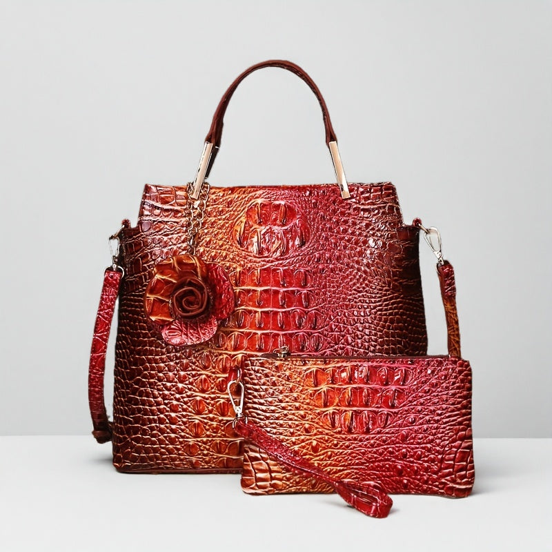 2pcs Women'S Crocodile Pattern Handbag Set, Faux Leather Tote, Clutch & Wallet, Animal Print, Zipper Closure, Polyester Lined, with Removable Strap, for Baigou Crafted