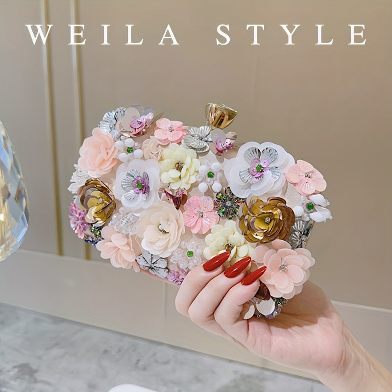 Elegant Floral Evening Clutch Bag with Beaded