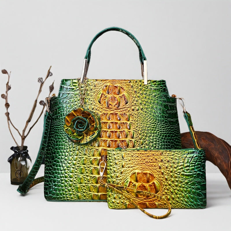 2pcs Women'S Crocodile Pattern Handbag Set, Faux Leather Tote, Clutch & Wallet, Animal Print, Zipper Closure, Polyester Lined, with Removable Strap, for Baigou Crafted