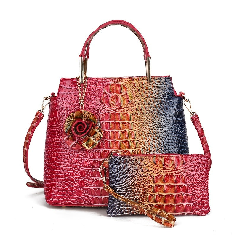 2pcs Women'S Crocodile Pattern Handbag Set, Faux Leather Tote, Clutch & Wallet, Animal Print, Zipper Closure, Polyester Lined, with Removable Strap, for Baigou Crafted
