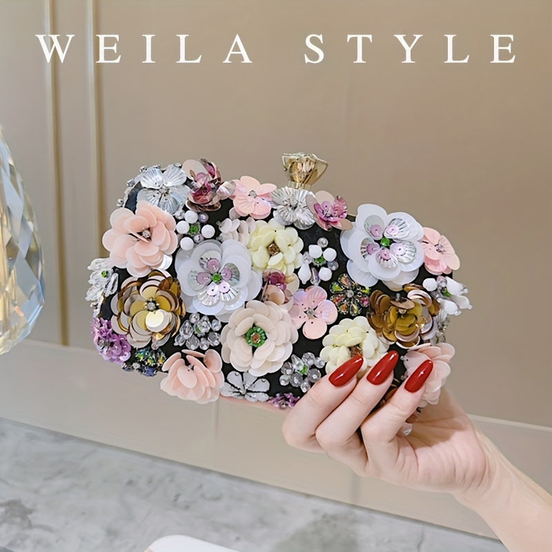 Elegant Floral Evening Clutch Bag with Beaded