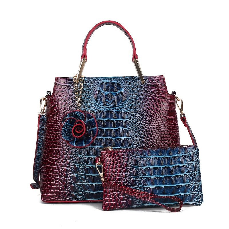 2pcs Women'S Crocodile Pattern Handbag Set, Faux Leather Tote, Clutch & Wallet, Animal Print, Zipper Closure, Polyester Lined, with Removable Strap, for Baigou Crafted