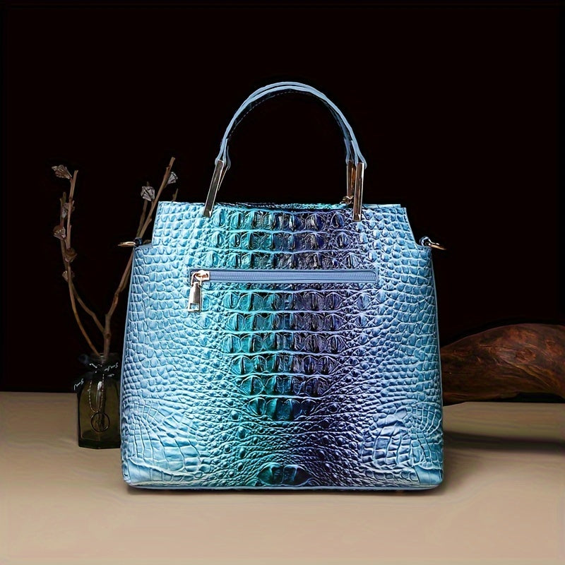 2pcs Women'S Crocodile Pattern Handbag Set, Faux Leather Tote, Clutch & Wallet, Animal Print, Zipper Closure, Polyester Lined, with Removable Strap, for Baigou Crafted