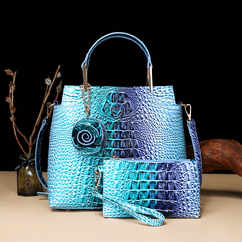 2pcs Women'S Crocodile Pattern Handbag Set, Faux Leather Tote, Clutch & Wallet, Animal Print, Zipper Closure, Polyester Lined, with Removable Strap, for Baigou Crafted