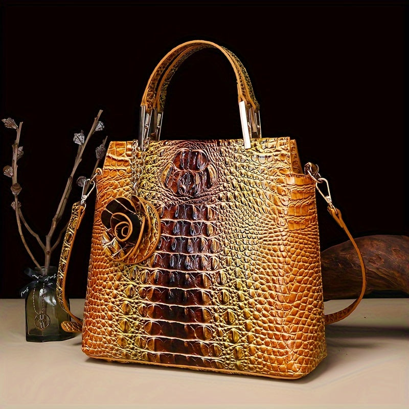2pcs Women'S Crocodile Pattern Handbag Set, Faux Leather Tote, Clutch & Wallet, Animal Print, Zipper Closure, Polyester Lined, with Removable Strap, for Baigou Crafted
