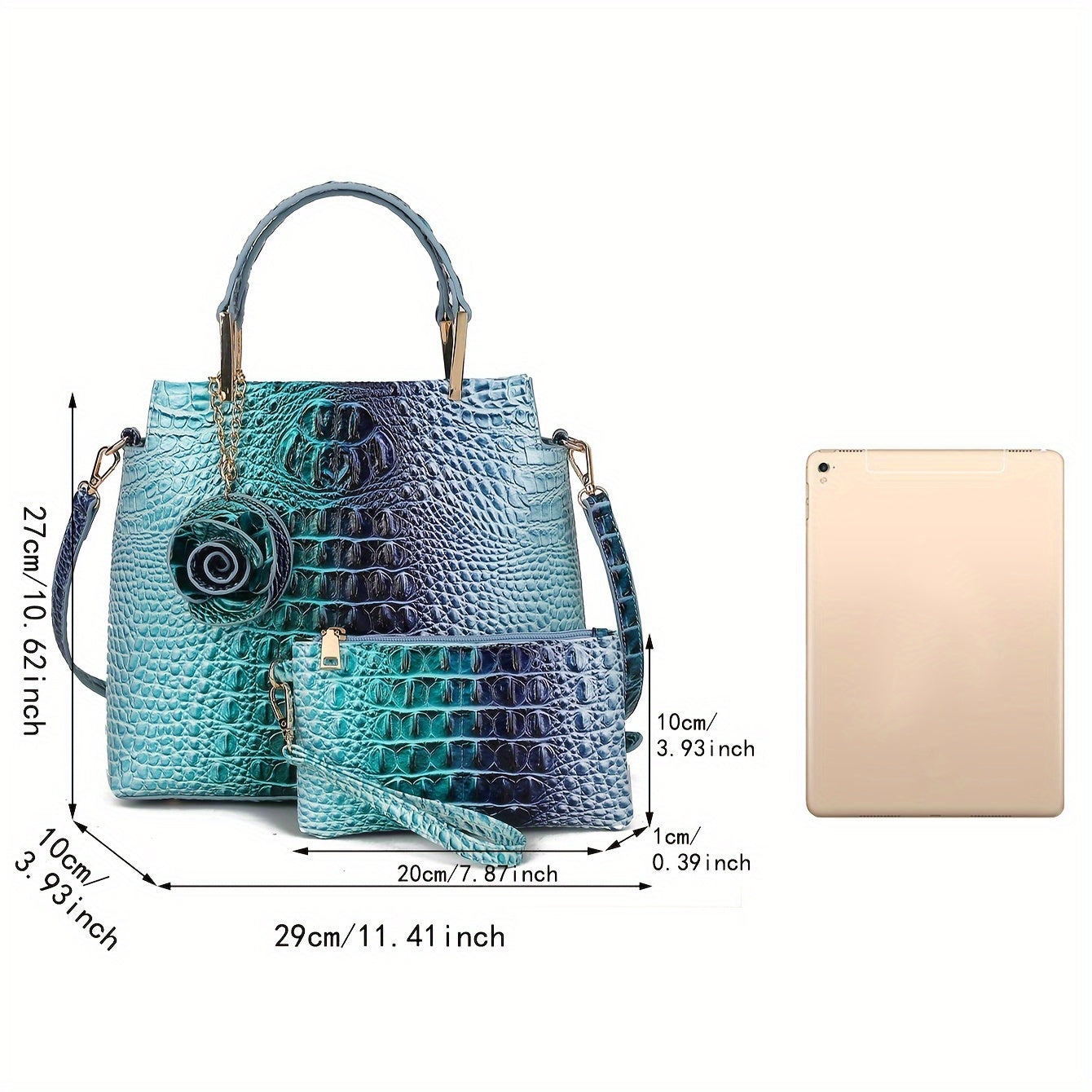 2pcs Women'S Crocodile Pattern Handbag Set, Faux Leather Tote, Clutch & Wallet, Animal Print, Zipper Closure, Polyester Lined, with Removable Strap, for Baigou Crafted