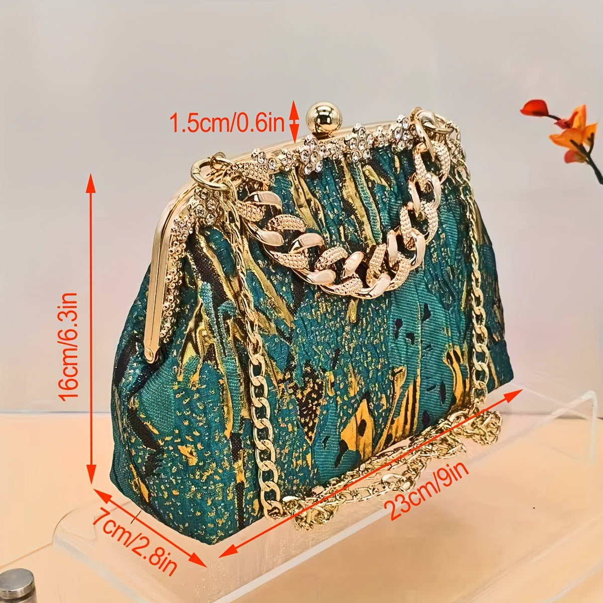 Elegant cyan and gold clutch bag