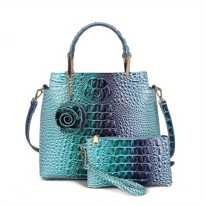 2pcs Women'S Crocodile Pattern Handbag Set, Faux Leather Tote, Clutch & Wallet, Animal Print, Zipper Closure, Polyester Lined, with Removable Strap, for Baigou Crafted