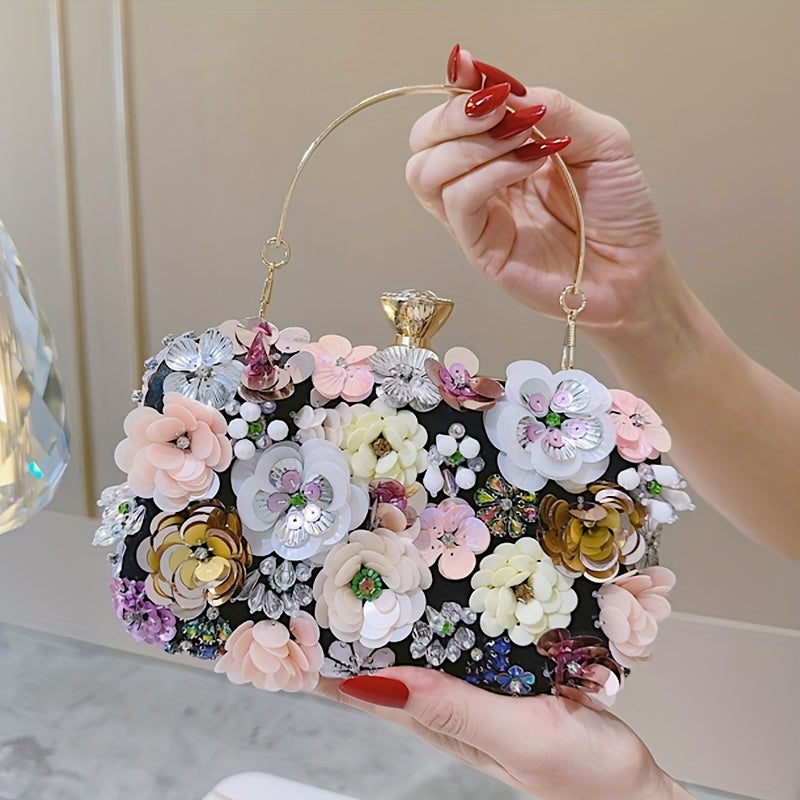 Elegant Floral Evening Clutch Bag with Beaded