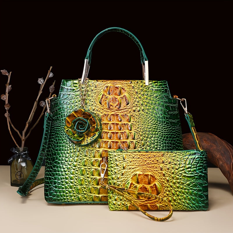 2pcs Women'S Crocodile Pattern Handbag Set, Faux Leather Tote, Clutch & Wallet, Animal Print, Zipper Closure, Polyester Lined, with Removable Strap, for Baigou Crafted