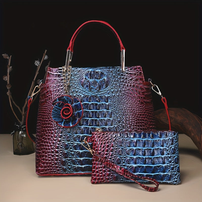 2pcs Women'S Crocodile Pattern Handbag Set, Faux Leather Tote, Clutch & Wallet, Animal Print, Zipper Closure, Polyester Lined, with Removable Strap, for Baigou Crafted