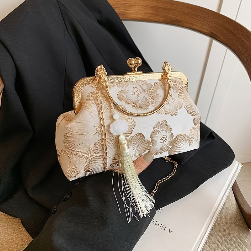 Timeless Design, Elegant Floral Evening Clutch with Tassel