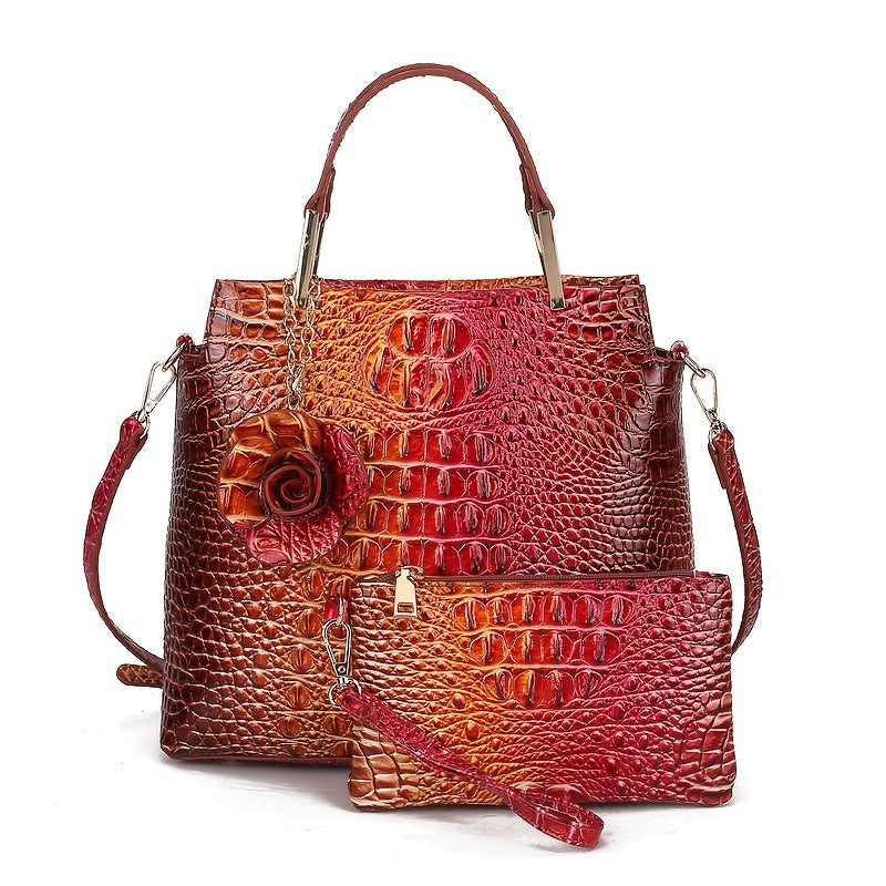 2pcs Women'S Crocodile Pattern Handbag Set, Faux Leather Tote, Clutch & Wallet, Animal Print, Zipper Closure, Polyester Lined, with Removable Strap, for Baigou Crafted