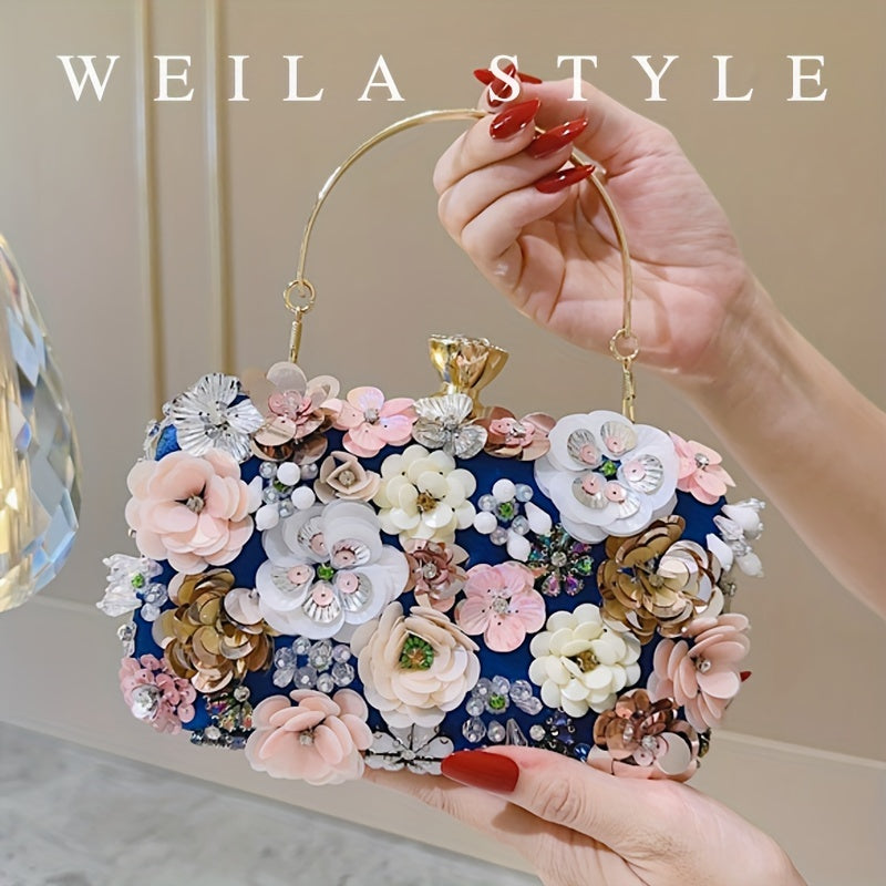Elegant Floral Evening Clutch Bag with Beaded