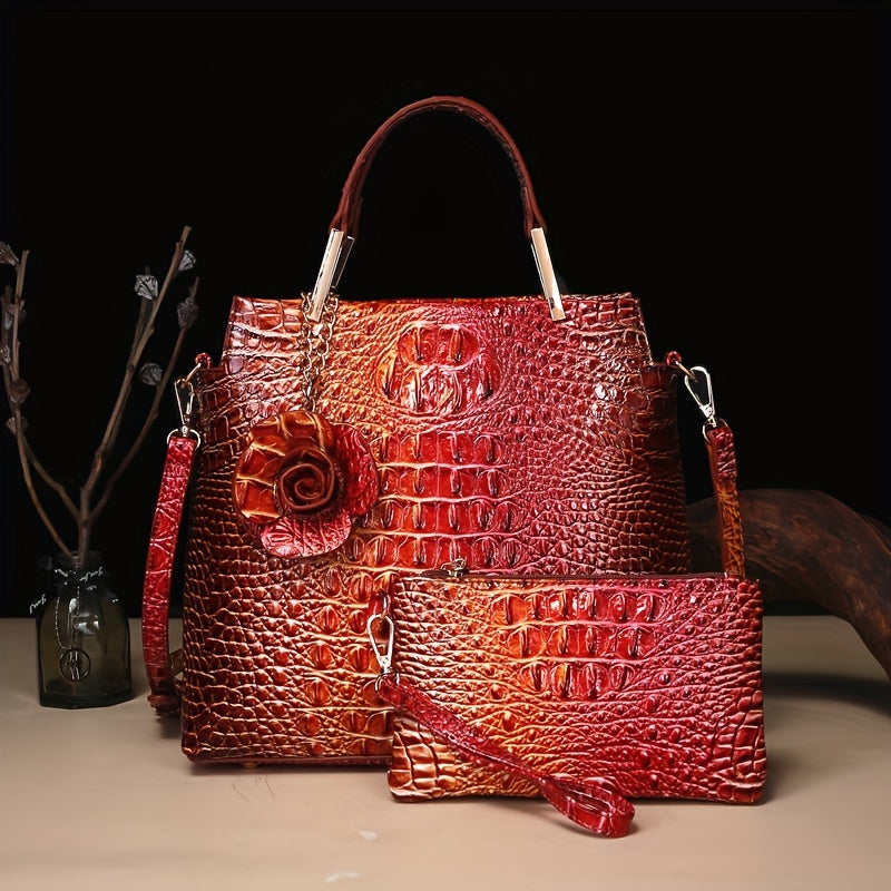 2pcs Women'S Crocodile Pattern Handbag Set, Faux Leather Tote, Clutch & Wallet, Animal Print, Zipper Closure, Polyester Lined, with Removable Strap, for Baigou Crafted
