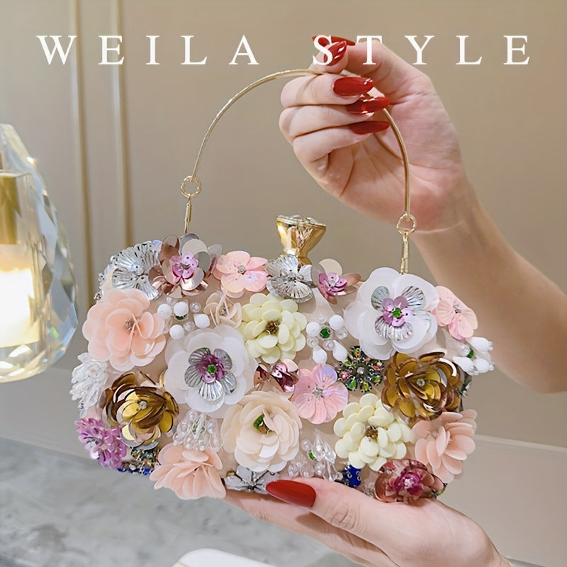 Elegant Floral Evening Clutch Bag with Beaded