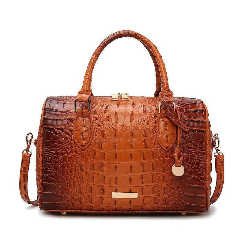 Elegant Crocodile Pattern Boston Bag with Detachable Shoulder Strap – Versatile Crossbody Handbag for Women, Synthetic Leather, Zipper Closure, Khaki, Perfect for Work and Commute, Commuter Bag | Luxury Look Bag | Synthetic Leather Bag, Crossbody Bag