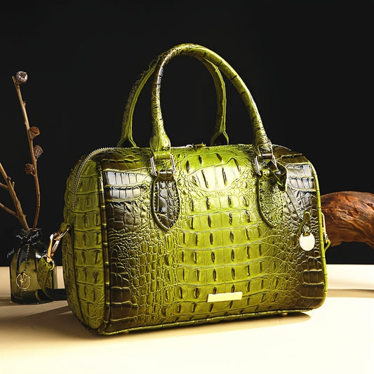 Elegant Crocodile Pattern Boston Bag with Detachable Shoulder Strap – Versatile Crossbody Handbag for Women, Synthetic Leather, Zipper Closure, Khaki, Perfect for Work and Commute, Commuter Bag | Luxury Look Bag | Synthetic Leather Bag, Crossbody Bag