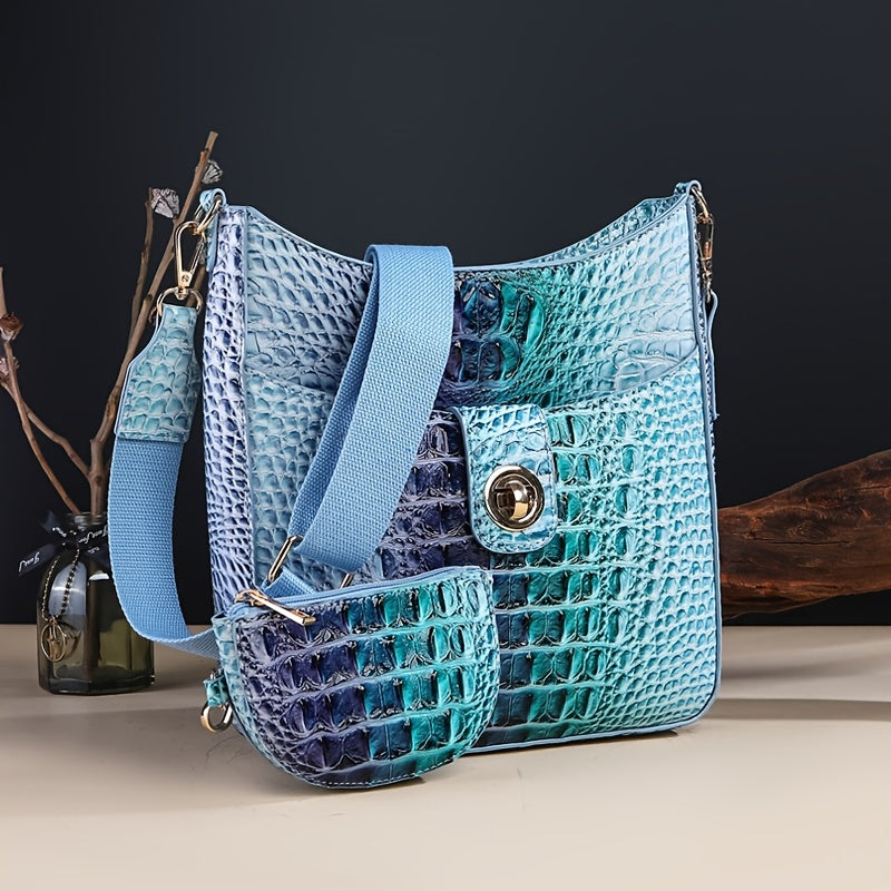 [Elegant Crossbody] Elegant Synthetic Leather Crossbody Bag | Crocodile Texture, Gradient Green to Yellow Design, Detachable Strap, Zip Closure, Matching Coin Purse - Perfect for Everyday Use