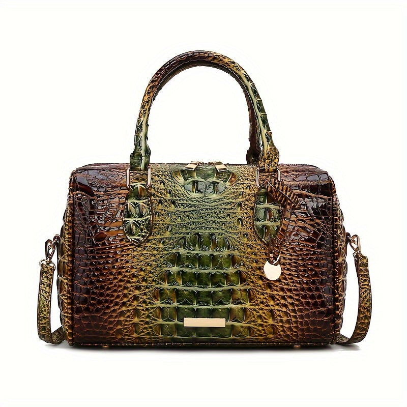 Elegant Crocodile Pattern Boston Bag with Detachable Shoulder Strap – Versatile Crossbody Handbag for Women, Synthetic Leather, Zipper Closure, Khaki, Perfect for Work and Commute, Commuter Bag | Luxury Look Bag | Synthetic Leather Bag, Crossbody Bag