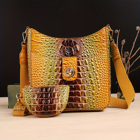 [Elegant Crossbody] Elegant Synthetic Leather Crossbody Bag | Crocodile Texture, Gradient Green to Yellow Design, Detachable Strap, Zip Closure, Matching Coin Purse - Perfect for Everyday Use