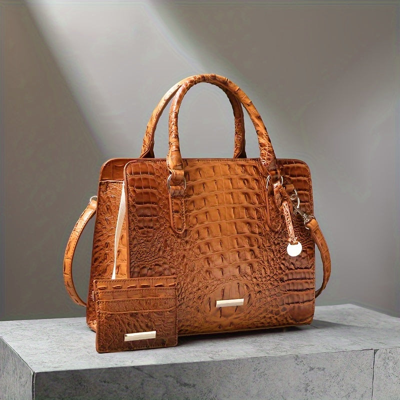 Chic 2pcs Crocodile Pattern Faux Leather Set, Spacious Interior, Trendy Shoulder Strap, Fashionable Clutch Purse, Women's Stylish Accessory For Work, Daily Life, And Special Occasions - Premium Quality, Durable, And Stylish Design
