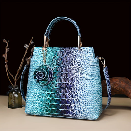 2pcs Women'S Crocodile Pattern Handbag Set, Faux Leather Tote, Clutch & Wallet, Animal Print, Zipper Closure, Polyester Lined, with Removable Strap, for Baigou Crafted