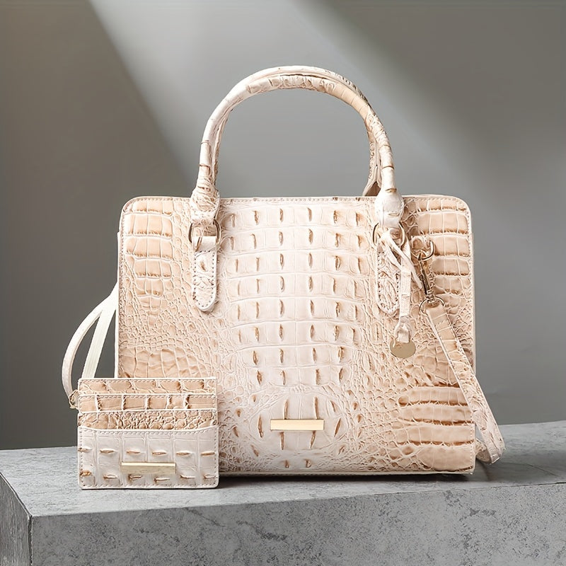 Chic 2pcs Crocodile Pattern Faux Leather Set, Spacious Interior, Trendy Shoulder Strap, Fashionable Clutch Purse, Women's Stylish Accessory For Work, Daily Life, And Special Occasions - Premium Quality, Durable, And Stylish Design