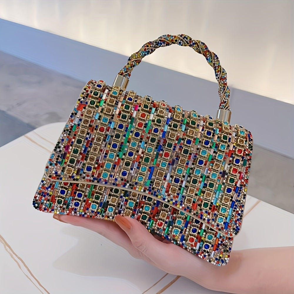Dazzling Double-Sided Colored Rhinestone Embellished Sparkling Crystal Clutch Bag