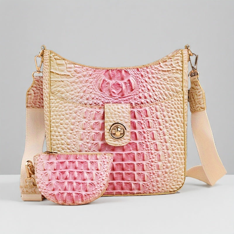 [Elegant Crossbody] Elegant Synthetic Leather Crossbody Bag | Crocodile Texture, Gradient Green to Yellow Design, Detachable Strap, Zip Closure, Matching Coin Purse - Perfect for Everyday Use