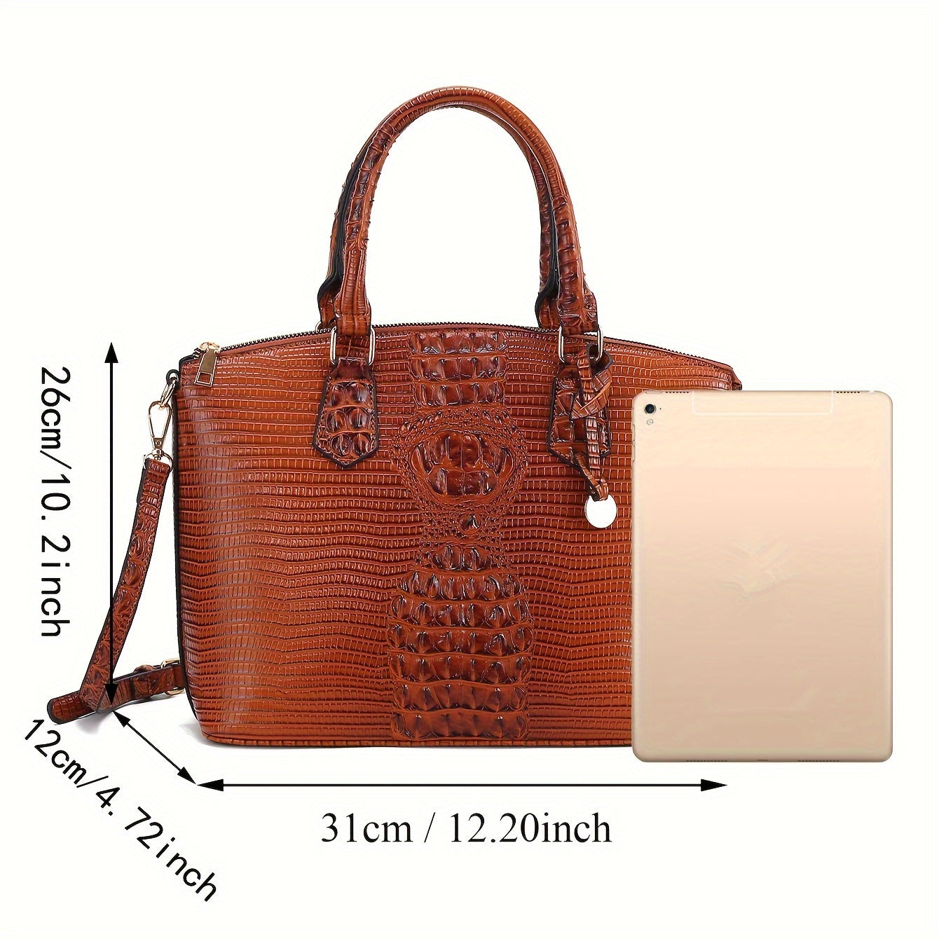 Crocodile Pattern Tote Bag, Trendy Office & Work Double Handle Purse, Elegant Zipper Handbag