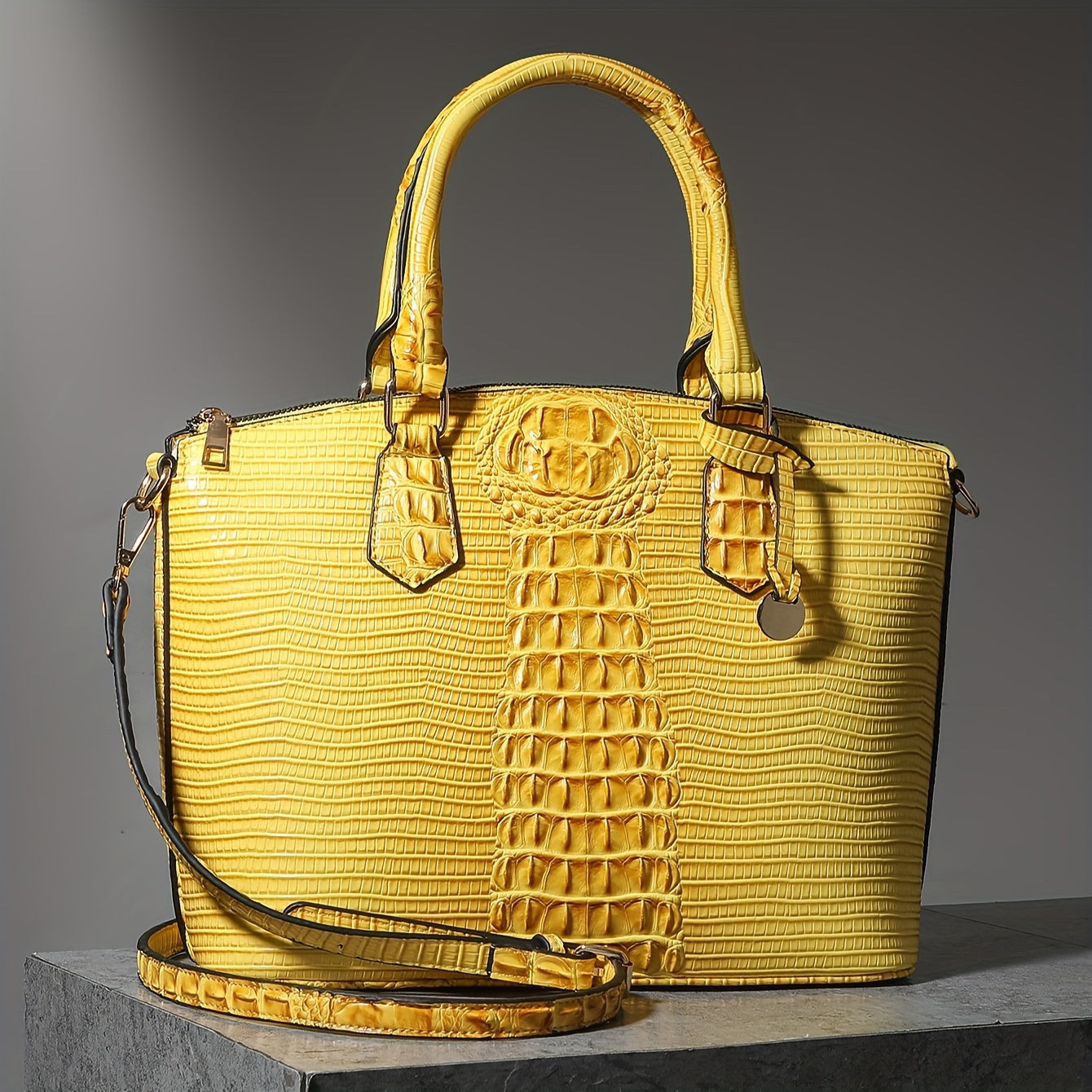 Crocodile Pattern Tote Bag, Trendy Office & Work Double Handle Purse, Elegant Zipper Handbag