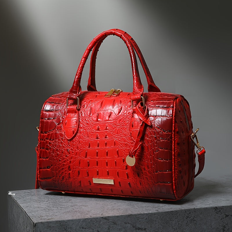 Elegant Crocodile Pattern Boston Bag with Detachable Shoulder Strap – Versatile Crossbody Handbag for Women, Synthetic Leather, Zipper Closure, Khaki, Perfect for Work and Commute, Commuter Bag | Luxury Look Bag | Synthetic Leather Bag, Crossbody Bag