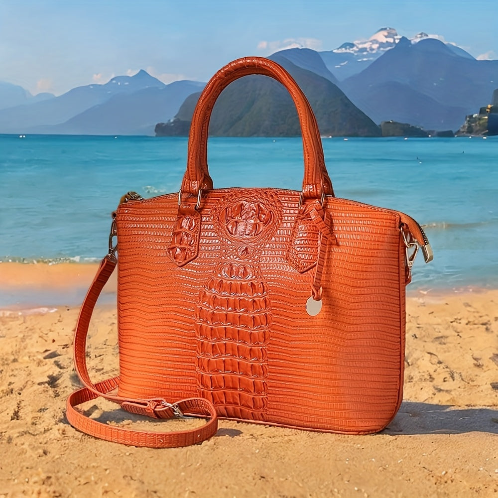 Crocodile Pattern Tote Bag, Trendy Office & Work Double Handle Purse, Elegant Zipper Handbag