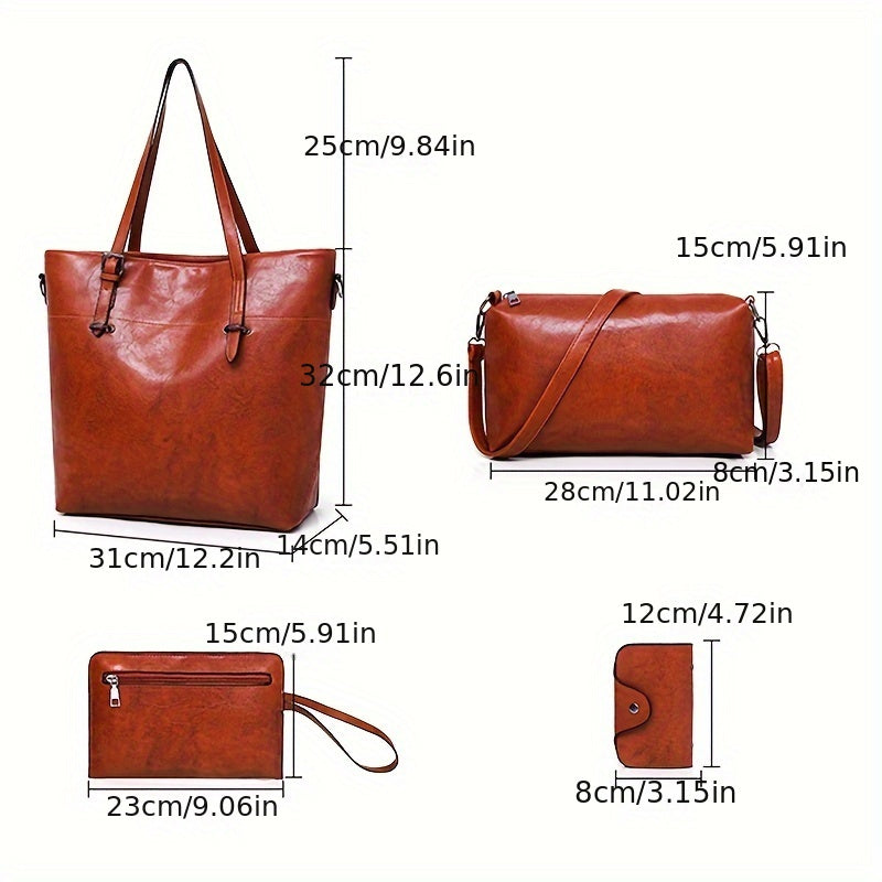 4pcs Retro Women'S Tote Bag, Elegant PU- Crossbody Bag, Handbag, Shoulder Bag, Wallet, Suitable For Shopping And Dating