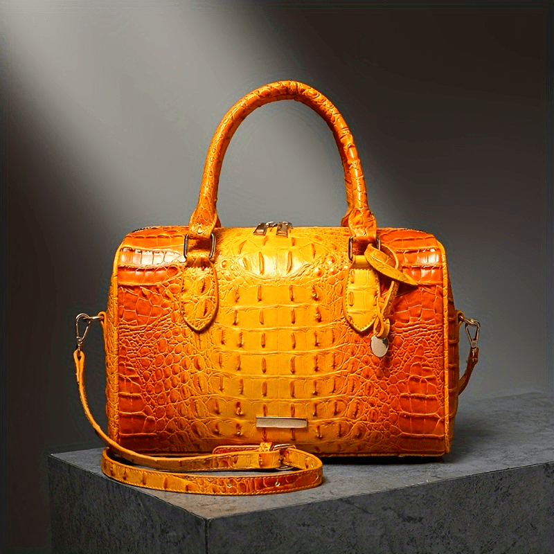 Elegant Crocodile Pattern Boston Bag with Detachable Shoulder Strap – Versatile Crossbody Handbag for Women, Synthetic Leather, Zipper Closure, Khaki, Perfect for Work and Commute, Commuter Bag | Luxury Look Bag | Synthetic Leather Bag, Crossbody Bag